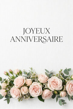 Elegant french joyeux anniversaire floral birthday greeting card with pale pink roses for minimalist card and invitation design