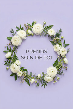 White ranunculus floral wreath on lavender background with 'prends soin de toi' message for get well card design