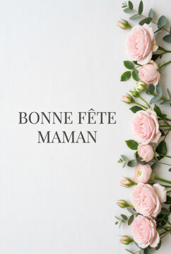 Vertical pale pink rose border mothers day greeting card background with french text bonne f&ecirc;te maman for elegant design and printable layout