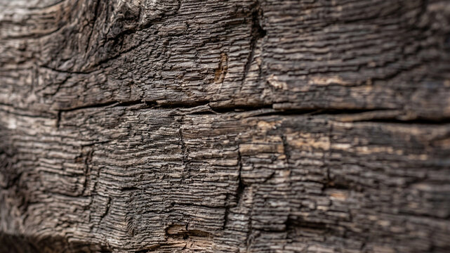 This macro shot captures the intricate texture of a rustic wooden beam, highlighting its weathered charm and authenticity in a well-lit interior. 
