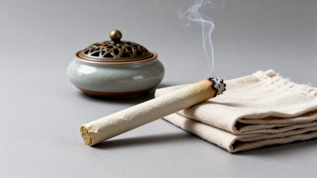 Extinguished moxa stick with residual smoke next to ceramic box and linen, traditional therapy concept