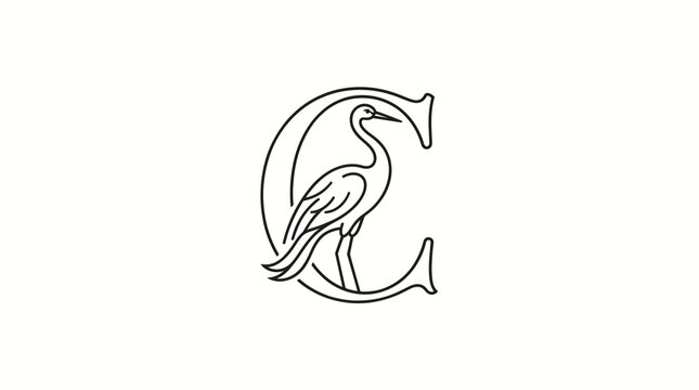 Letter c heron bird logo outline illustration, elegant animal alphabet monogram, initial character crane black white graphic design.
