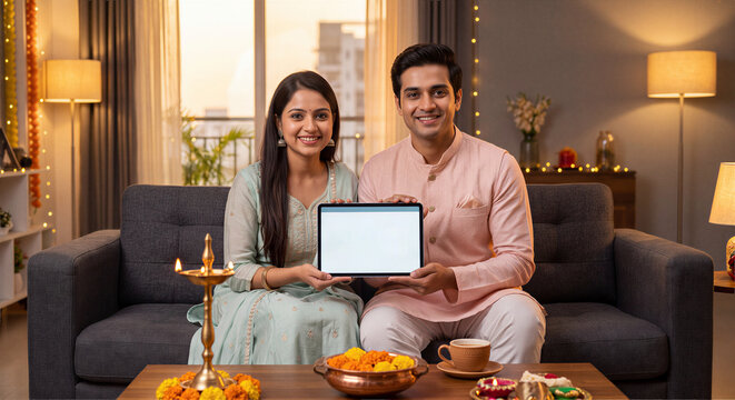 Happy Young Indian Couple Investing in Digital Gold During Dhanteras Festival at Modern Home
