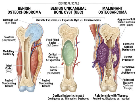 Medical comparison of bone tumor types diagram isolated on white background