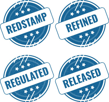 Collection of four circular blue rubber stamps with labels redstamp refined regulated and released printed text