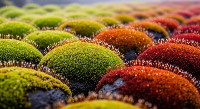 Colorful round moss mounds with water dew drops on volcanic rock ground.
