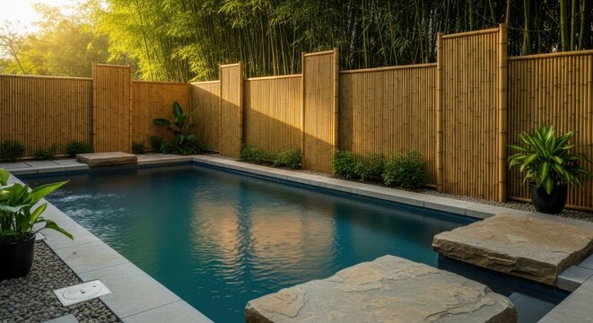 Serene Bamboo Fenced Luxury Swimming Pool Oasis in Lush Greenery
