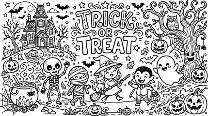 Obraz premium Halloween coloring page with trick or treat text haunted house skeleton witch mummy vampire ghost jack o lantern vector line art