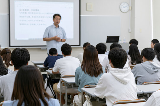 教室で講師の話を聞く受講者たち