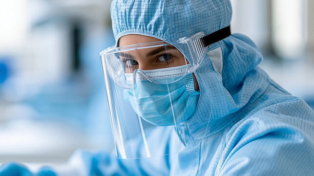 Faceless smiling technician in protective radiation suit at laboratory desk, modern cleanroom facility concept, defocused background, with copy space