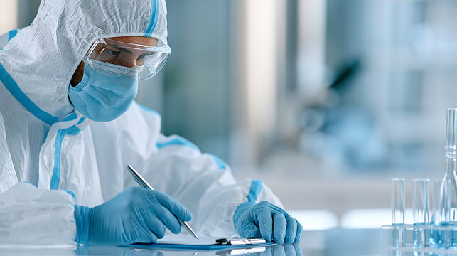 Faceless smiling technician in protective radiation suit at laboratory desk, modern cleanroom facility concept, defocused background, with copy space
