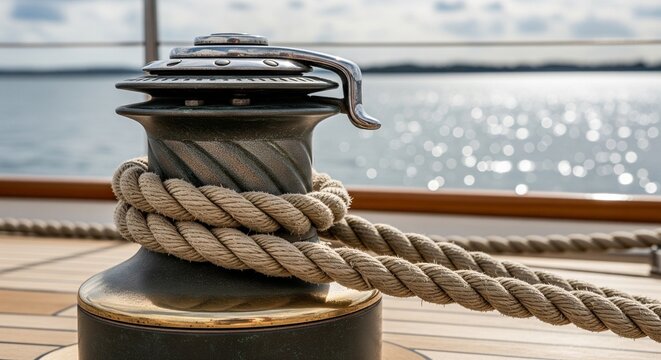 Close-up of yacht deck winch wrapped with white rope