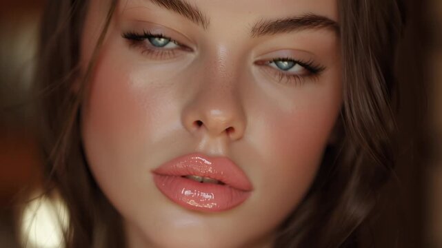 Slow dolly tracking close up of woman gazing and posing with glossy lips and eyes in indoor beauty studio room