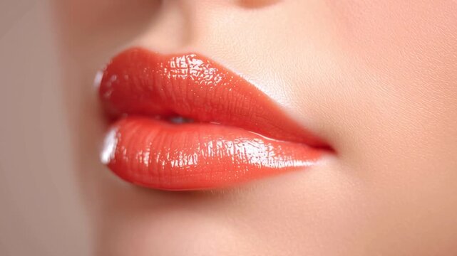 Slow motion close up tracking shot of woman lips parting and glossy lipstick reflection in beauty studio portrait