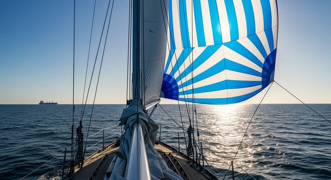 Low angle view of sailboat mast and blue striped spinnaker sail at sea.