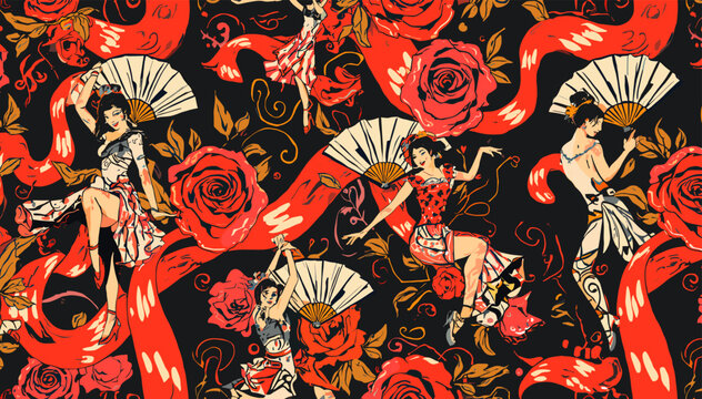 Vibrant pattern featuring dancing women with fans, intertwined with red roses and flowing ribbons on a dark background, evoking a festive cultural theme.