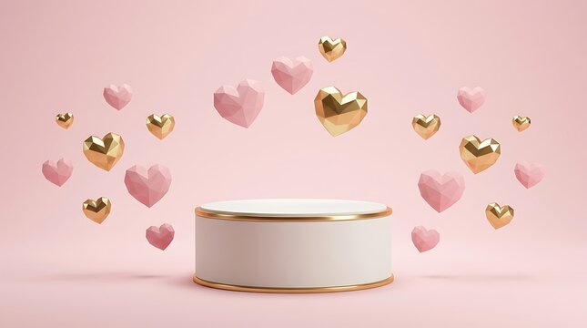 3d render of a white cylindrical podium with gold trim surrounded by floating pink and gold lowpoly hearts on pink background