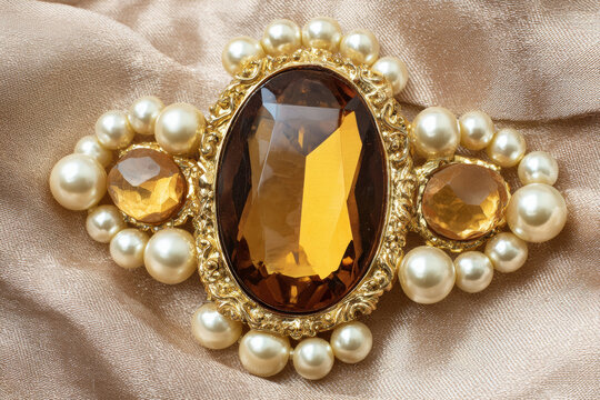 Vintage amber and pearl brooch closeup on satin fabric for product shot and jewelry display background