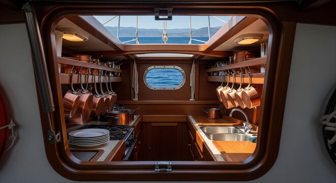 Interior of luxury wooden ship galley and kitchen area