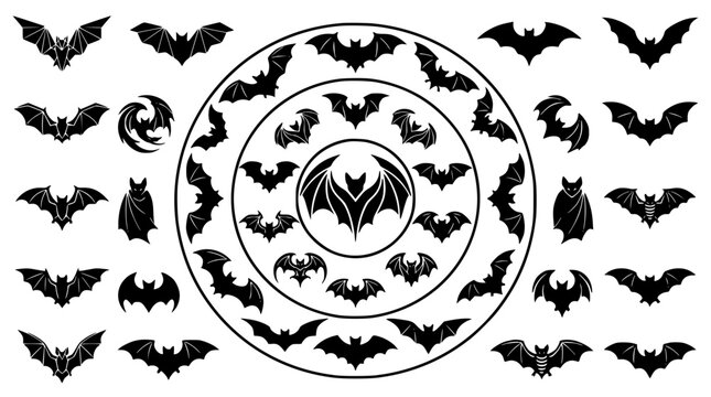Gothic Halloween circular bat mandala silhouette ornament set with spooky flying vampire creatures and creepy wings frame isolated on white background vector illustration