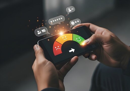 Hands holding a smartphone showing a customer satisfaction rating scale with feedback icons