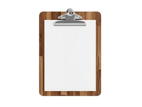 Wooden clipboard with a blank white paper sheet isolated on transparent background