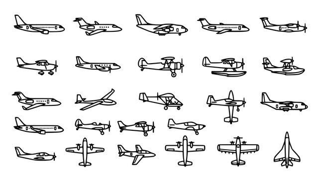 Civil aviation airplane and military aircraft icon set with vintage biplanes private jets and propeller planes line art illustration isolated on white background.