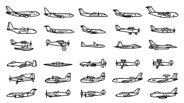 Commercial airplane and military jet fighter icon set with propeller planes retro aircraft and cargo aviation silhouettes isolated vector outline illustration