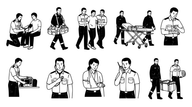 Emergency medical services paramedic character icon set performing patient checkups carrying stretchers and using rescue communication equipment vector illustrations