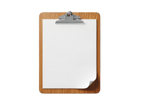 Wooden clipboard with a blank white paper sheet isolated on transparent background