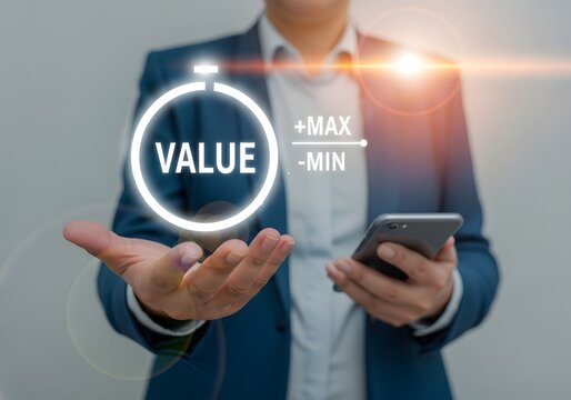 Professional businessman holding a digital value icon representing maximum and minimum gain