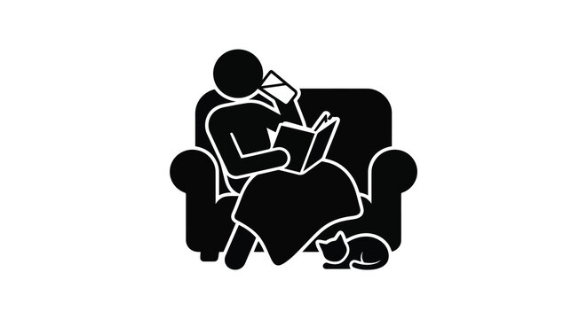 Person Reading With Cat Silhouette Black Vector Illustration On White Background reader book literature