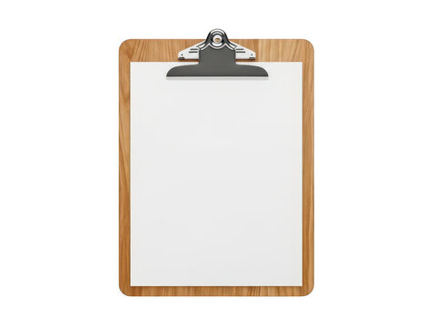 Wooden clipboard with a blank white paper sheet for notes and documents isolated on transparent background