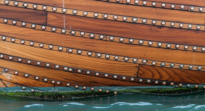 Macro shot of wooden boat planks background with metallic rivets detail.