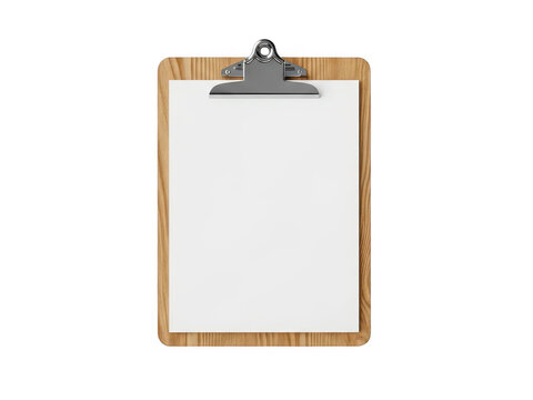 Wooden clipboard with a blank white paper sheet for notes and documents isolated on transparent background