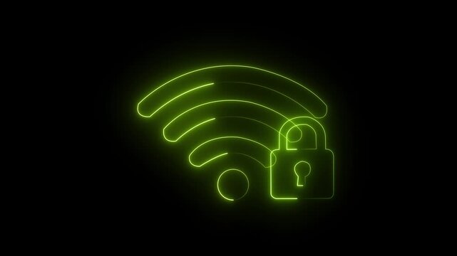Neon green wifi signal icon with padlock for security