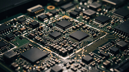 Fototapeta premium Close-up of microelectronic components densely packed on a board