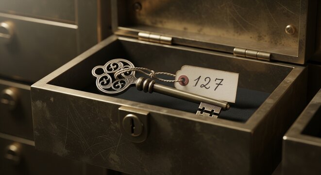Vintage key with tag inside an old box