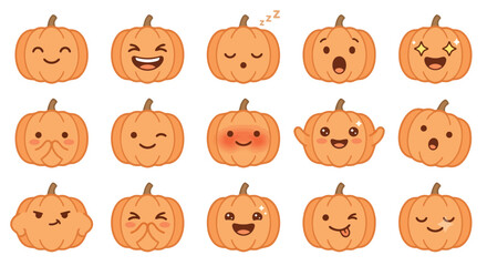 Obraz premium Vector Set of Cute Halloween Pumpkin Face Expressions Featuring Happy Smiling Laughing Angry Surprised Sleepy and Funny Jack O Lantern Cartoon Character Collection