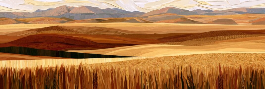 Collage represents a wheat field with layers of paper and grains. The scene captures harvest time with warm amber tones and distant hills.