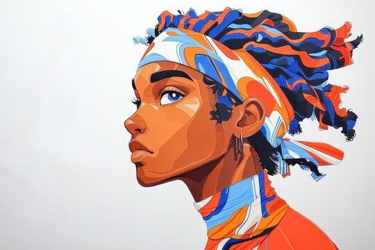 Colorful afro futurism portrait of confident young woman with headscarf and dreadlocks looking up