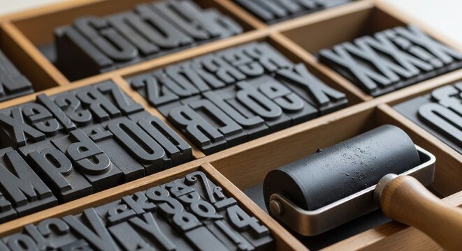 Close-up of wooden vintage letterpress typography blocks in a tray.