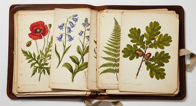 es of an old scientific book showing drawings of botanical plants and leaves.