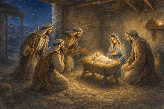 Nativity scene with woman and man watching baby in manger. Holy family with newborn in stable under star. Christmas religious tradition and spiritual celebration.
