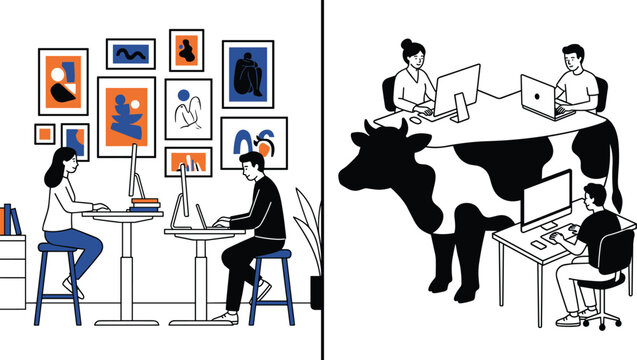 Office people working on computers compared with elephant in room cash cow metaphor concept vector illustration
