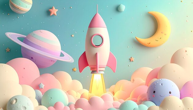 Pink 3D cartoon rocket launching from pastel clouds with crescent moon and planets