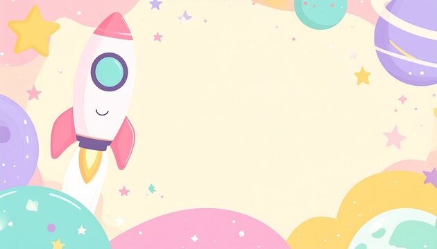 Cute pastel space frame with smiling rocket, stars and planets for kids design