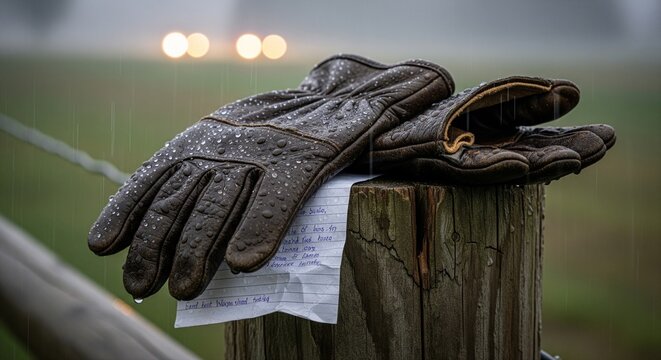 Wet leather gloves lying outdoors on wooden post in rain