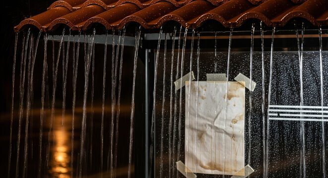 Paper poster taped to a wall under heavy rain falling down from the roof edge.