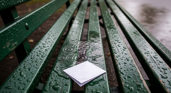 White piece of paper resting on green wooden bench slats with water droplets from rain